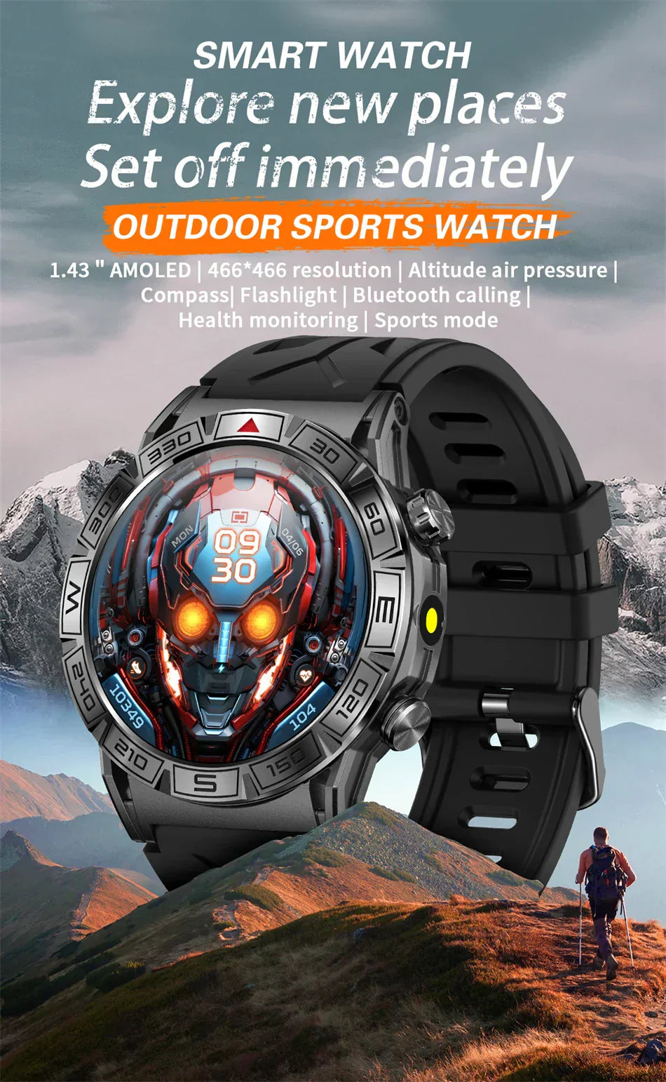 Sugafit® Shield - Smart Watch Men Altitude Compass GPS Sports 1ATM Waterproof Watch Bluetooth Talk SmartWatches