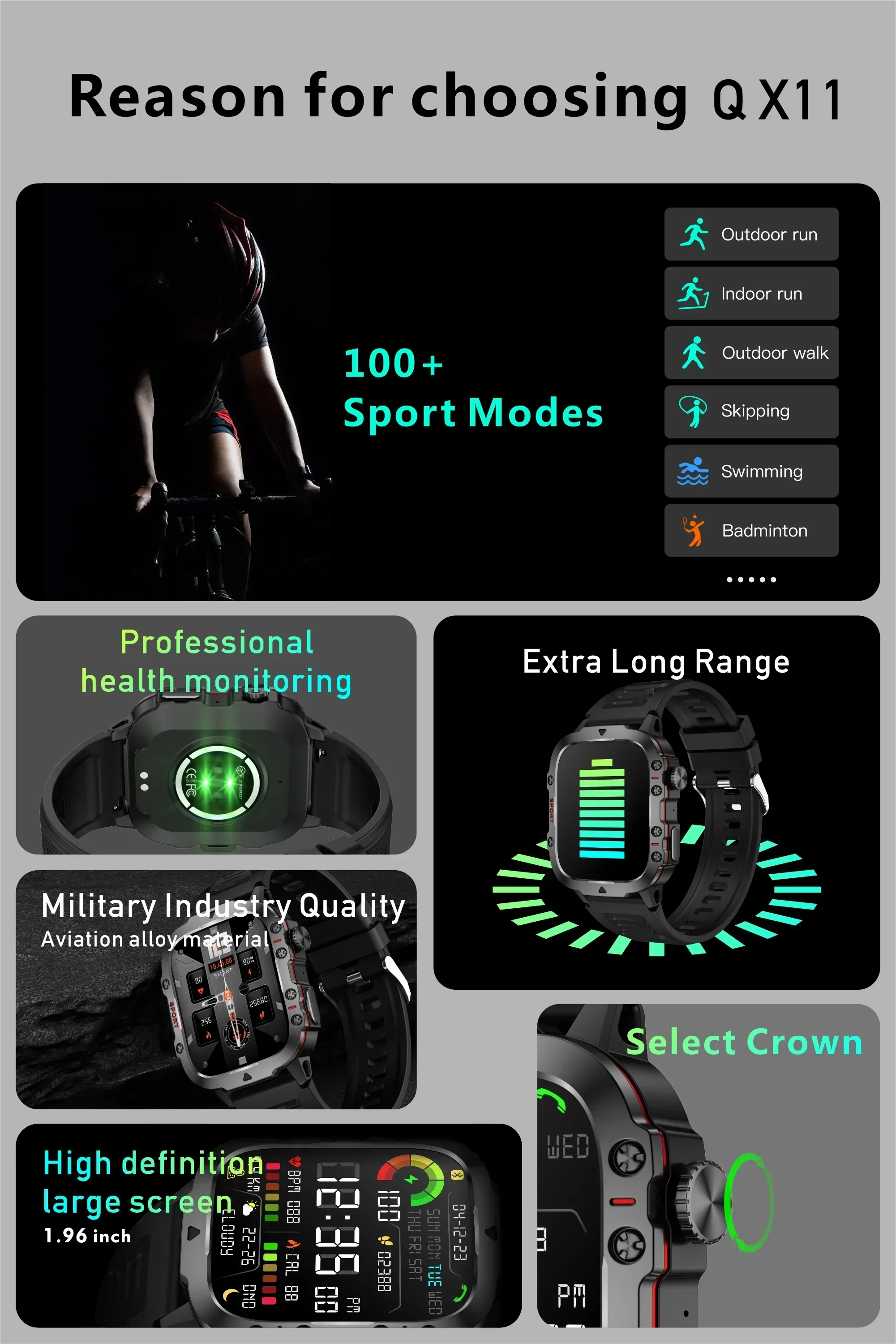 Sugafit® Apache - New 420mAh large battery outdoor sports men's smartwatch 1.96 inches 240 * 282 multi sport mode 100