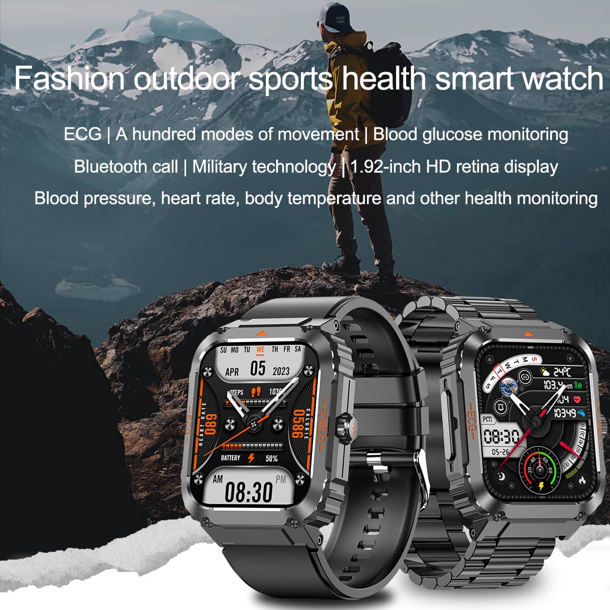 Suga550 Fashion Outdoor Sports Health Smart Watch ECG/EKG Blood Glucose Bluetooth Call 100+ Sports Modes