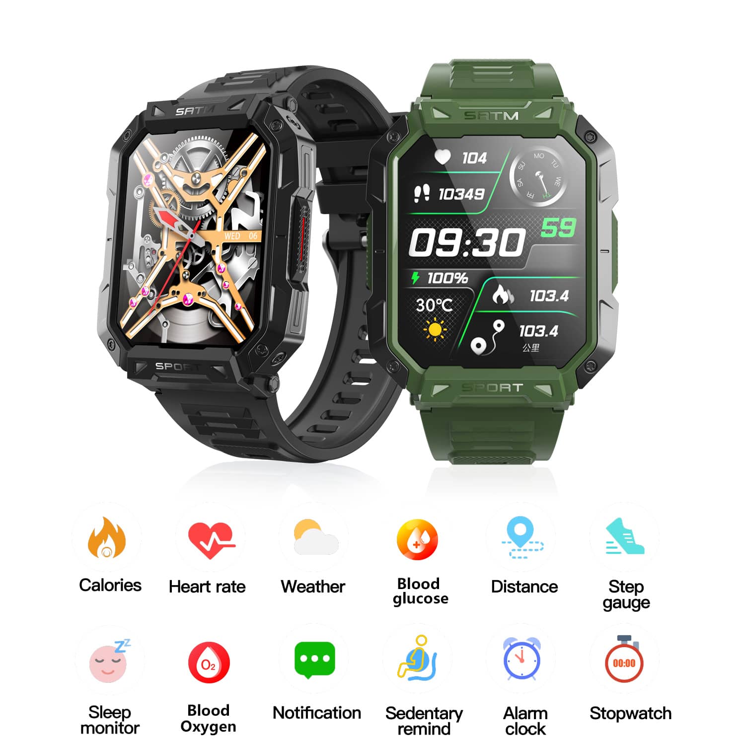 Suga307 2.10-inch High-defnition Large Screen Blood Glucose Heart Rate Tracking Sports Bluetooth Health Smart Watch