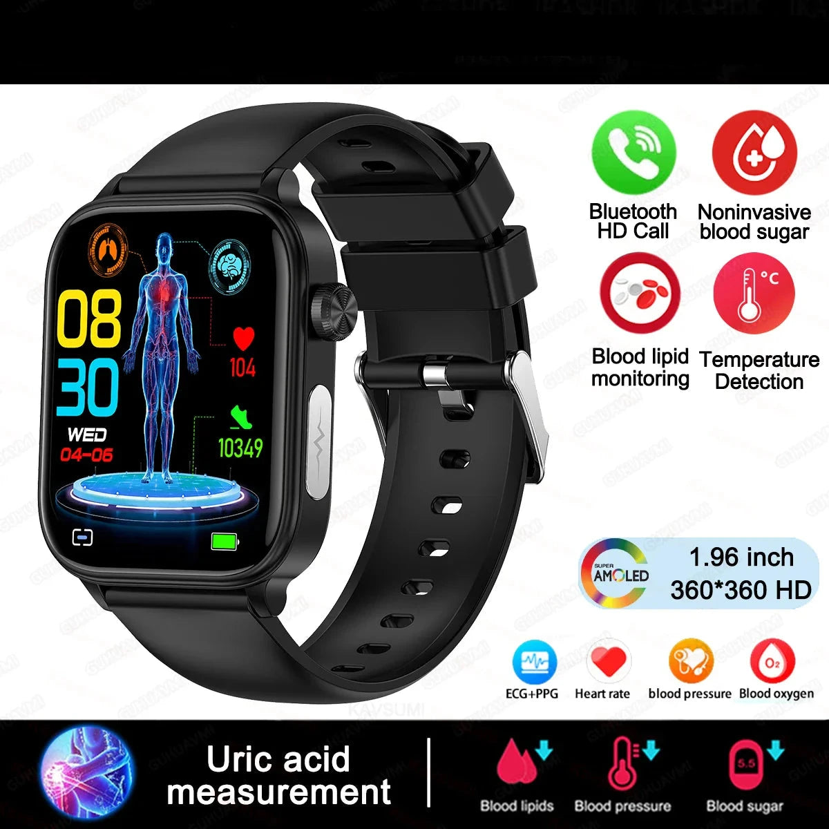 Lipids Uric Acid Blood Glucose Monitoring Smart Watch - ECG+PPG Fitness Tracker