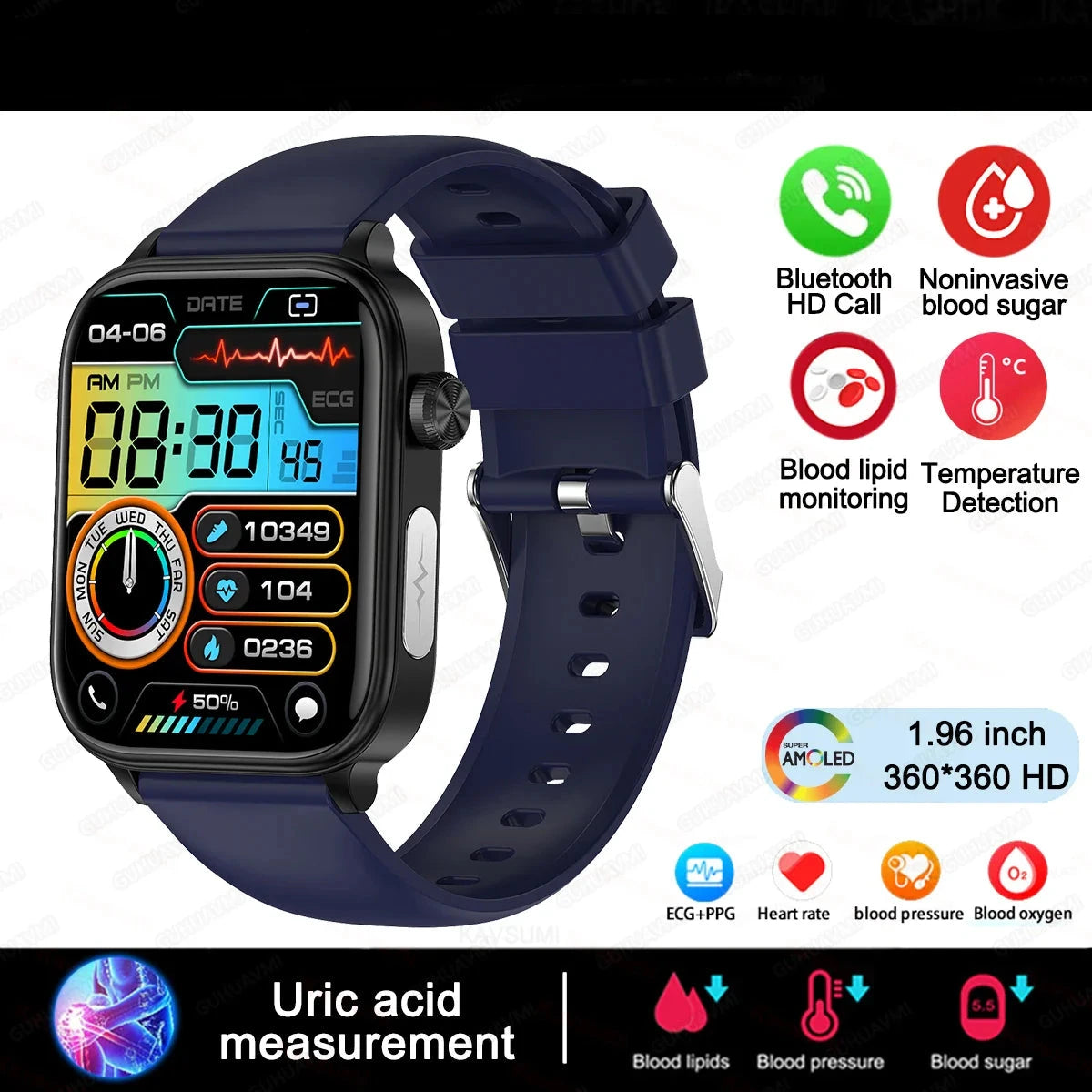 Lipids Uric Acid Blood Glucose Monitoring Smart Watch - ECG+PPG Fitness Tracker