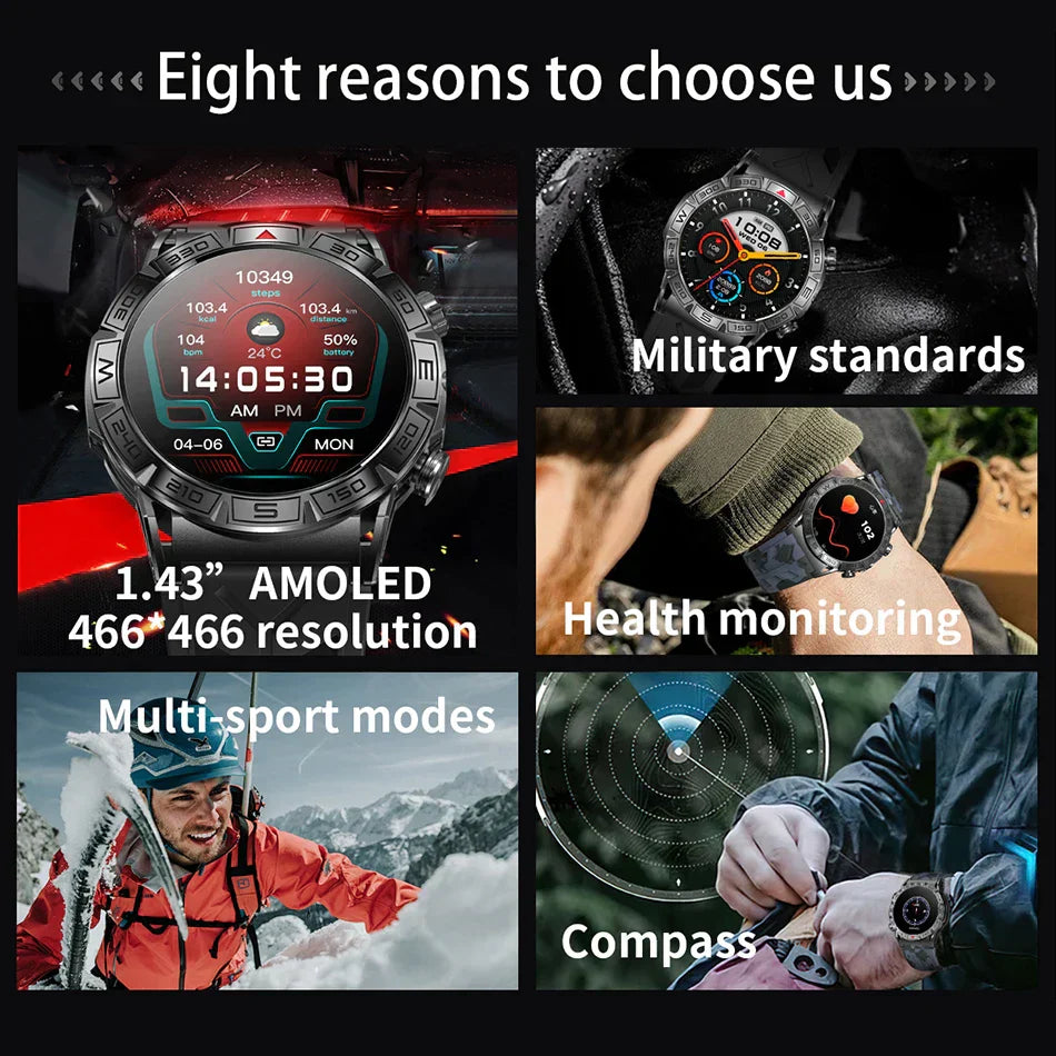 Sugafit® Shield - Smart Watch Men Altitude Compass GPS Sports 1ATM Waterproof Watch Bluetooth Talk SmartWatches