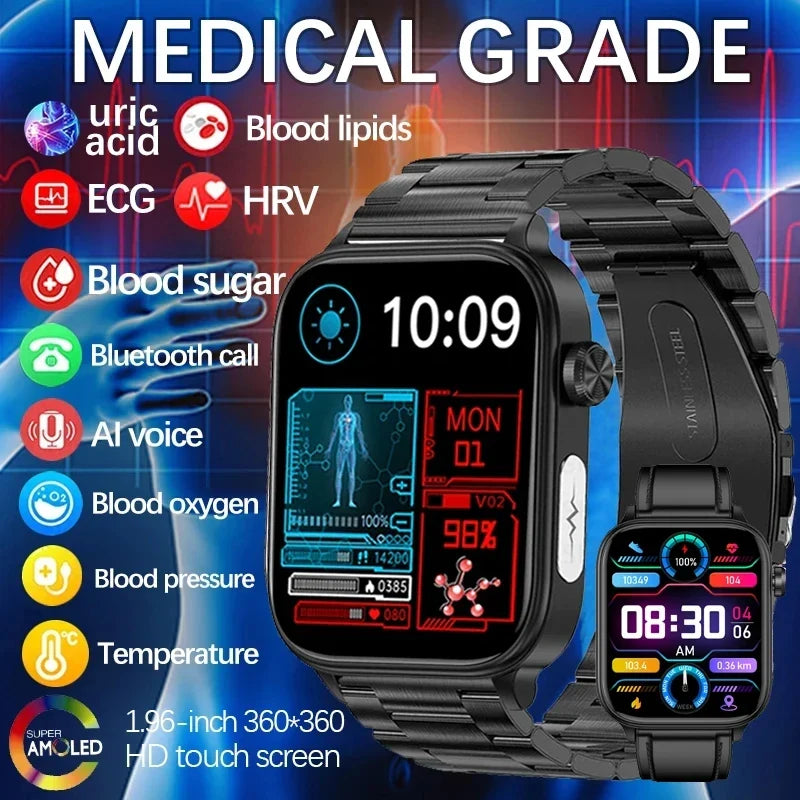 Lipids Uric Acid Blood Glucose Monitoring Smart Watch - ECG+PPG Fitness Tracker