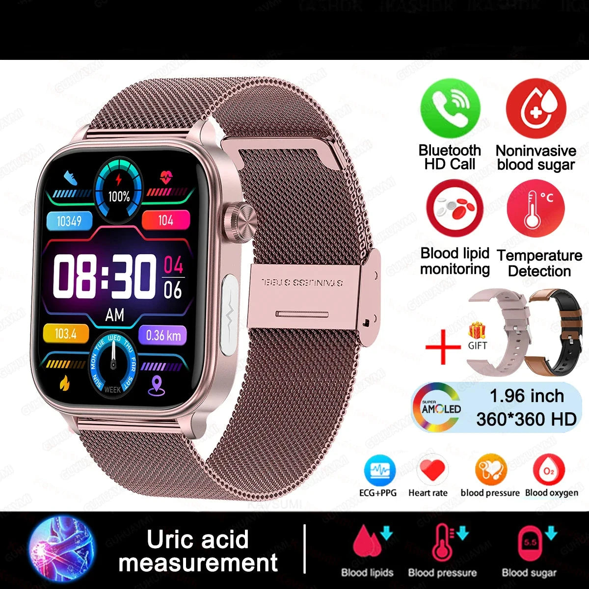 Lipids Uric Acid Blood Glucose Monitoring Smart Watch - ECG+PPG Fitness Tracker