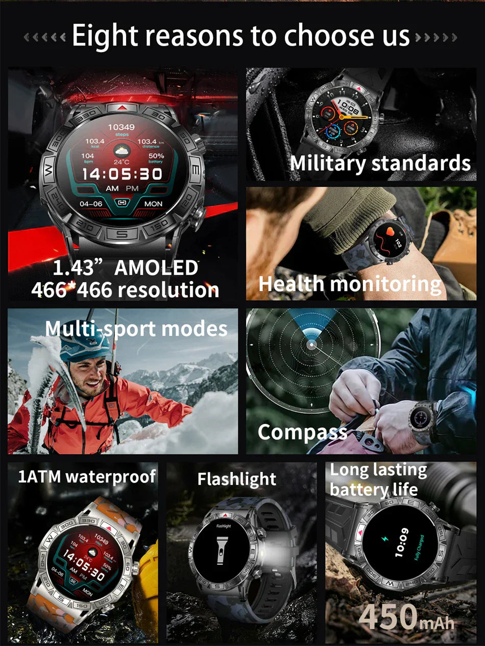 Sugafit® Shield - Smart Watch Men Altitude Compass GPS Sports 1ATM Waterproof Watch Bluetooth Talk SmartWatches