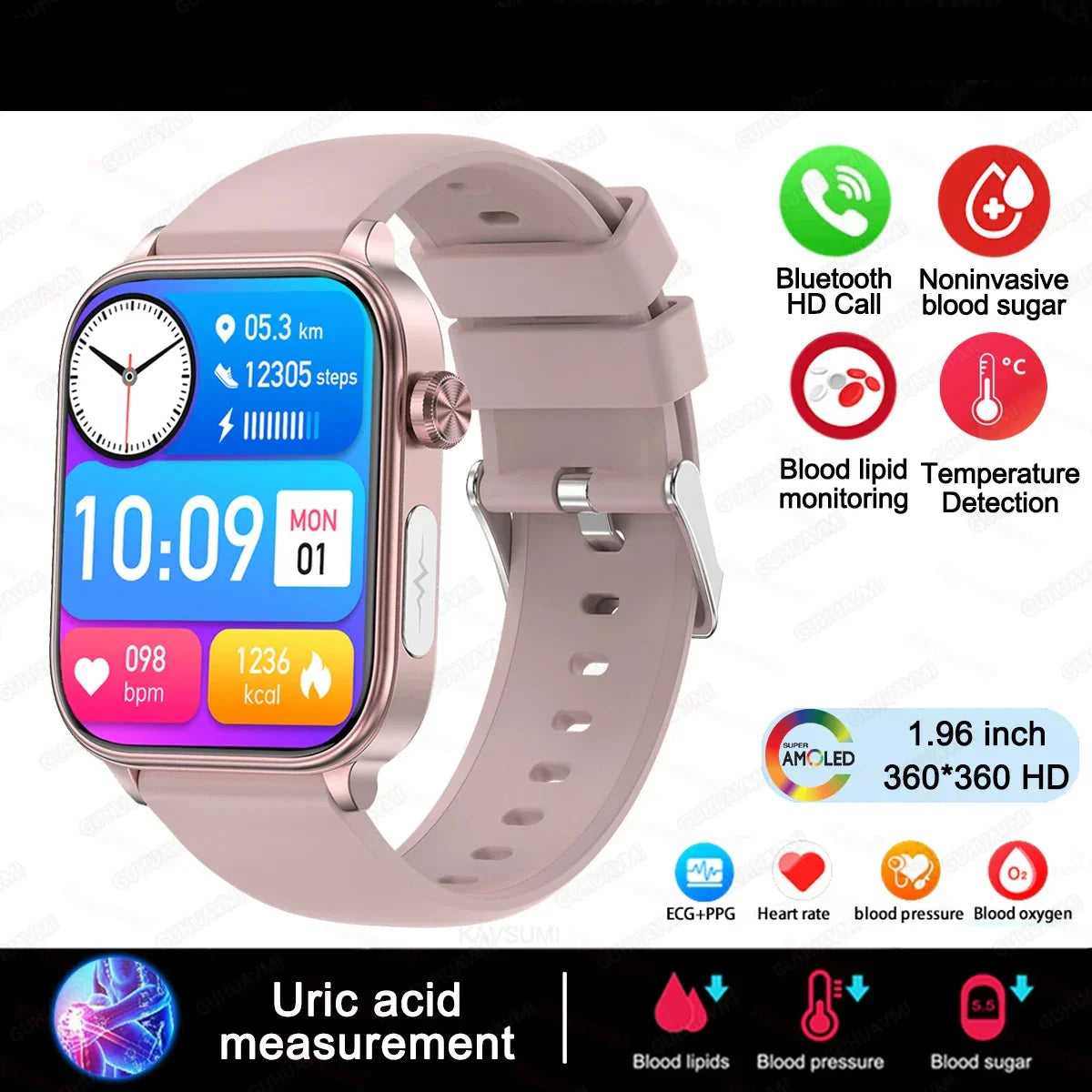 Lipids Uric Acid Blood Glucose Monitoring Smart Watch - ECG+PPG Fitness Tracker