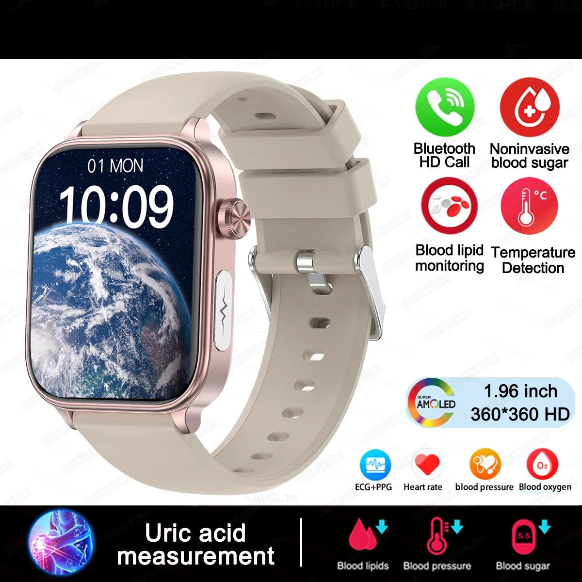 Lipids Uric Acid Blood Glucose Monitoring Smart Watch - ECG+PPG Fitness Tracker